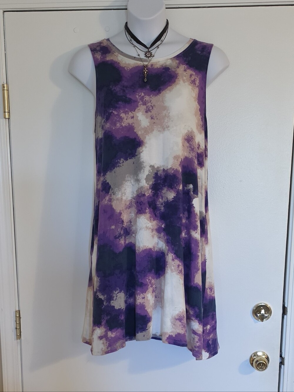 LuLaRoe XL White Purple Tiedye Watercolor Charlotte Tank Swing Dress w/ Pockets!